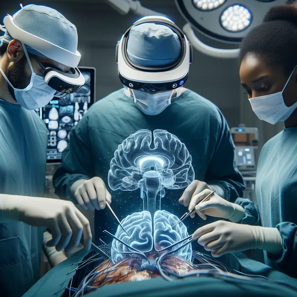 "Cirurgião utilizando realidade aumentada durante cirurgia neurológica em hospital, demonstrando tecnologia avançada em procedimentos médicos."
